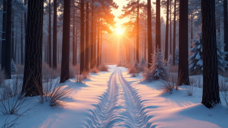 Winter forest glowing at sunset with a road running through the center.の素材