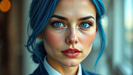 woman with blue hair in suit looking at camera.の素材