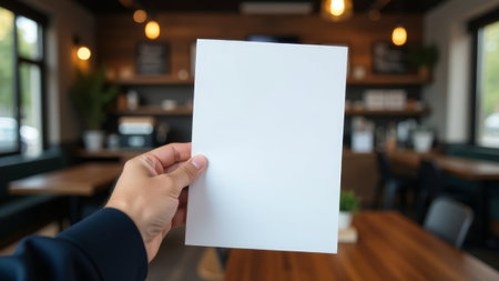 left hand holding a sheet of A4 paper under text on the background of a coffee shop.の素材