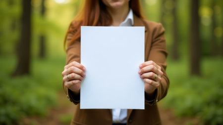 woman holds vertically white sheet of A4 paper under text while in the forest.の素材