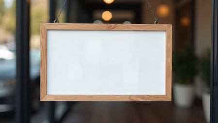 a white sheet of paper with text in a wooden frame hangs at the entrance to the establishment.の素材