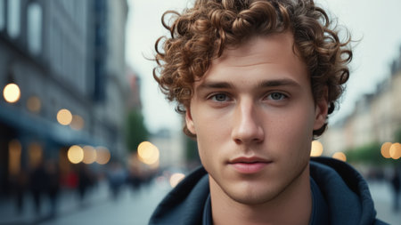 man face with curly hair on street during day close up.の素材
