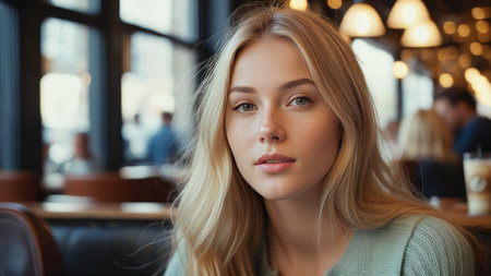 beautiful blonde girl sits in a cafe close-up.の素材