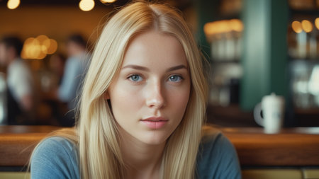 beautiful blonde girl sits in a cafe close-up.の素材