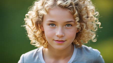 teenager with white curly hair on the street looking at the camera.の素材