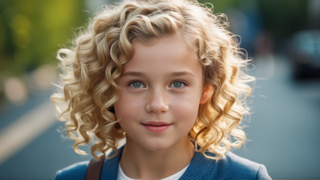 teenager with white curly hair on the street looking at the camera.の素材