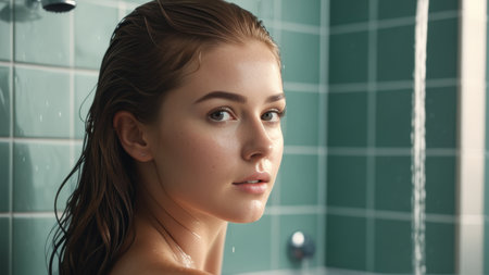 girl washing in shower. face of beautiful girl looking at camera close-upの素材