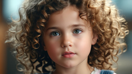 little curly girl looking at camera close up standing on streetの素材