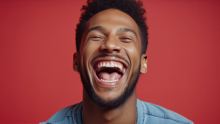 happy blond man screaming on red background.の素材