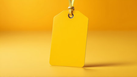 yellow price tag hanging on yellow wall.の素材