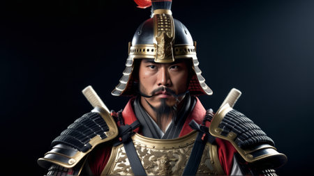 samurai warrior in armor looking at camera on dark background.の素材