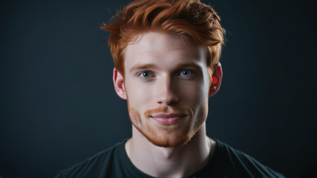 Close-up man with red hair on dark background looking at camera.の素材