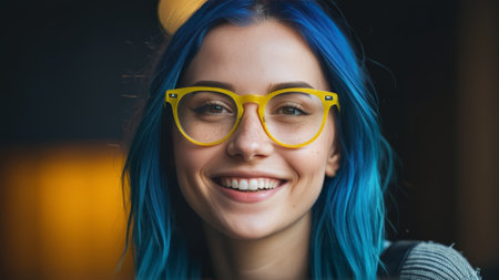 beautiful girl with blue hair and yellow glasses sits in the office.の素材