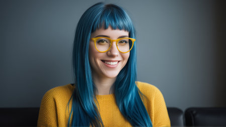 beautiful girl with blue hair and yellow glasses sits in the office.の素材