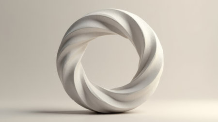 White twisted circular sculpture with smooth matte texture, minimalistic style, placed on soft beige background, concept of modern designの素材