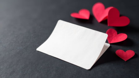 white letter mockup for text with red paper hearts on dark backgroundの素材