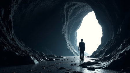 A lone man silhouetted inside a dark rocky cave, standing on wet ground, facing a bright exit. Concept of discovery, mystery, solitudeの素材