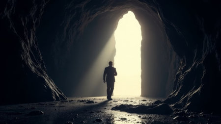 A lone man silhouetted inside a dark rocky cave, standing on wet ground, facing a bright exit. Concept of discovery, mystery, solitudeの素材
