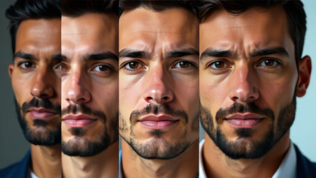 Close-up portraits of five serious men with beards and intense expressions, realistic style, neutral gray background, concept of identity shiftの素材