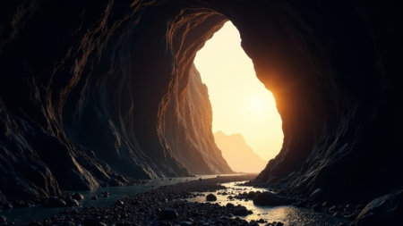 Rocky cave interior with sunlight pouring through the entrance, realistic style, mountain landscape in background, concept of discovery and wonderの素材