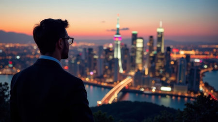 A businessman in a suit looks at a brightly lit city skyline at dusk, with blurred lights and a river below, symbolizing ambition and future goalsの素材