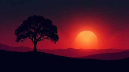 Lone tree silhouette on a hill during vivid sunset, smooth gradient background, peaceful twilight landscape conceptの素材
