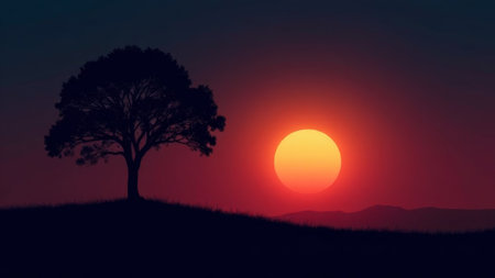 Lone tree silhouette on a hill during vivid sunset, smooth gradient background, peaceful twilight landscape conceptの素材