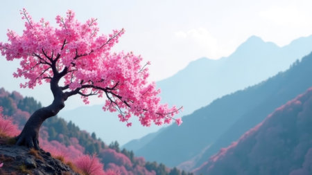 one tree with pink leaves in the mountains.の素材