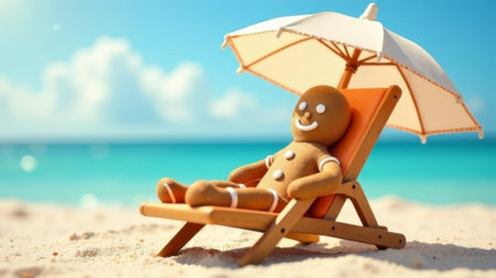 Gingerbread man lounging on a beach chair under an umbrella, photorealistic style, with turquoise ocean in background, concept of summer vacation funの素材
