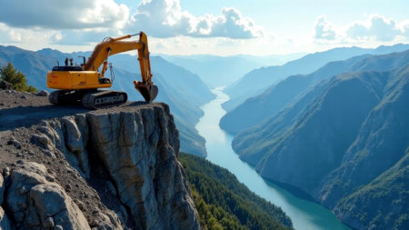 Yellow excavator parked on the edge of rocky cliff, natural landscape background with river and mountains, concept of risk and constructionの素材