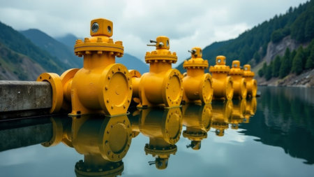 Multiple bright yellow industrial valves installed in calm water, realistic style, with dock and mountain background, concept of water controlの素材