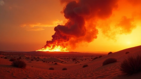 a huge fire over a large area in the desert.の素材