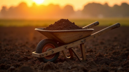 Wooden wheelbarrow loaded with soil on plowed field at sunset, natural lighting, warm tones, agricultural work conceptの素材