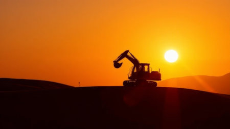 silhouette of excavator working at sunsetの素材