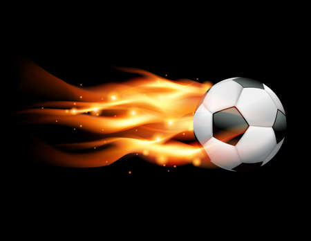 A flaming soccer ball flying against a black background. Vector EPS 10 available. EPS file contains transparencies and gradient mesh.のイラスト素材