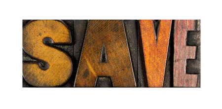 The word SAVE written in vintage letterpress typeの写真素材