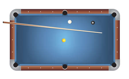 A realistic billiards pool table illustration. Blue felt top with wooden rails, stick, and balls....