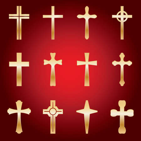 An illustrated set of 12 golden holy crosses of various shapes and sizes. Vector eps avaialable.のイラスト素材