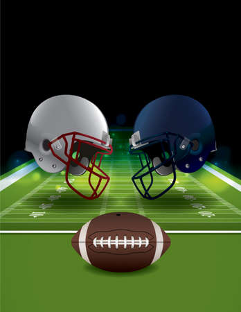 An illustration of American Football helmets clashing on a field with a ball. Vector EPS 10 available. EPS file contains transparencies and gradient mesh. EPS is layered.のイラスト素材