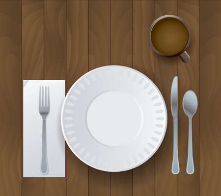An illustration of a plate, silverware, and cup of coffee sitting on a wooden background.のイラスト素材