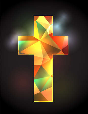An illustration of a colorful stained glass Christian cross on a black back lit background. のイラスト素材