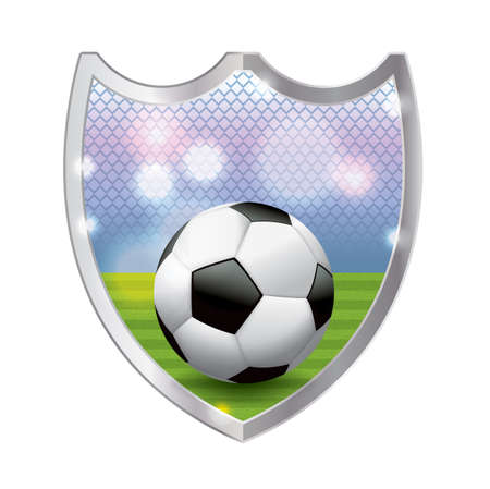 An illustration of a football - American soccer ball sitting on a turf field inside an emblem. Vector available. file is layered and contains transparencies and gradient mesh.のイラスト素材
