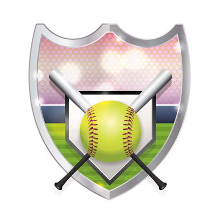 An illustration of an softball, bats, home plate and field inside an emblem. Vector available. file is layered and contains transparencies and gradient mesh.のイラスト素材