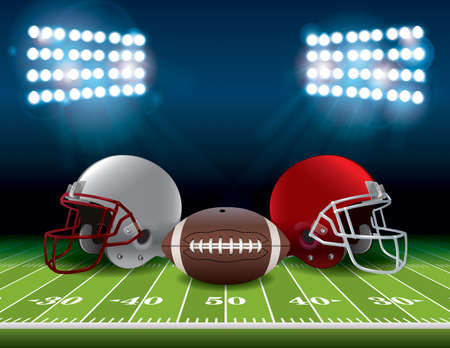 An American football stadium field with helmets and a football. Vector EPS 10 available. EPS file contains transparencies and gradient mesh.のイラスト素材