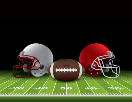 American football helmets and ball sitting on a realistic turf field. Vector EPS 10 available. EPS file contains transparencies and gradient mesh.のイラスト素材