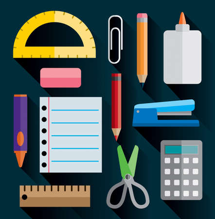 A set of office and school supplies illustrated in simple flat design. Vector EPS 10 available.のイラスト素材