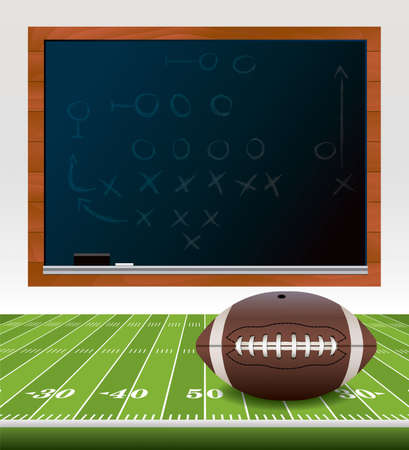 An illustration of an American football ball laying on a turf football field. Chalkboard with playbook drawn on it.  のイラスト素材