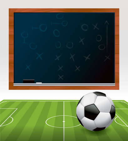 A soccer ball football on a green soccer field with a play drawn on a black chalkboard.  のイラスト素材