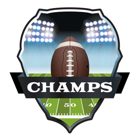 An illustration of an American football field and ball inside a badge. のイラスト素材