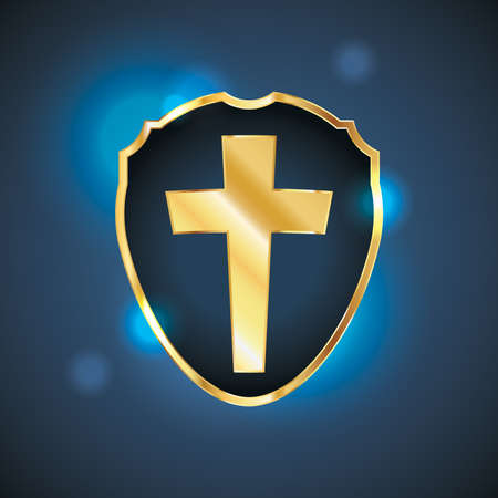 A shield or badge shape containing a gold colored Christian cross. Vector EPS 10 available. EPS contains transparencies.のイラスト素材